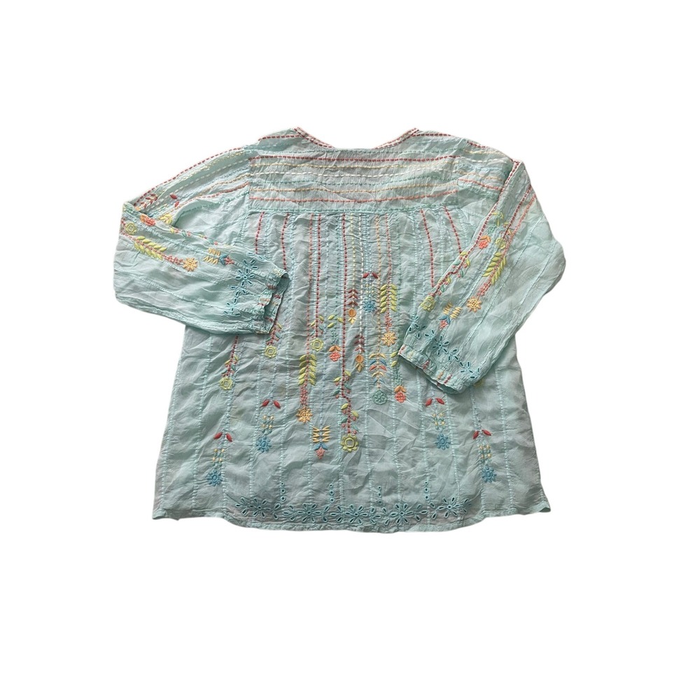 Johnny Was Embroidered Tunic Top Blue Size L V Neck Tie Neck - Picture 2 of 8